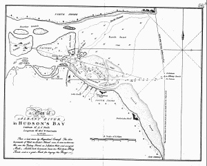 A Plan of ALBANY RIVER in Hudson's Bay Latitude 52°.12'.0" North Longitude 82°.40'.0" W. from London by S.H. 1774 Plan is laid down by Magnetical Compass. The three hummocks of Wood on Sawpit Island can be seen in clear weather over the Factory Island, in 3 fathom Water, and is a good Mark. Saddle-back hummock bears due West from Albany Roads and is a good Mark for laying the Buoys.