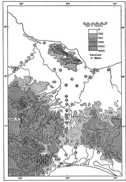 Fig. 1. Map of the Isthmus of Tehuantepec based on the American Geographical Society's Map of Hispanic America on the Scale of 1:1,000,000.  The localities shown are numbered in the gazetteer; the numerical sequence of localities is an arrangement whereby north takes precedence over south and west over east. 1. Alvarado. 2. Lerdo de Tejada. 3. Tlacotalpan. 4. Tula. 5. Tecolapan. 6. Amatitlán. 7. Cosamaloapan. 8. Chacaltianguis. 9. Novillero. 10. Ciudad Alemán. 11. Papaloapan. 12. Tuxtepec. 13. Cuatotolapam. 14. Hueyapan. 15. Berta. 16. Coatzacoalcos. 17. Ayentes. 18. Río de las Playas. 19. Cosoleacaque. 20. Minatitlán. 21. Acayucan. 22. Aquilera. 23. San Lorenzo. 24. Naranja. 25. Suchil. 26. Jesús Carranza. 27. La Oaxaqueña. 28. Ubero. 29. Donají. 30. Tolosita. 31. El Modelo. 32. Sarabia, 33. Guichicovi. 34. La Princesa. 35. Santa María Chimalapa. 36. Matías Romero. 37. Santo Domingo Petapa. 38. El Barrio. 39. Palmar. 40. Chivela. 41. Santiago Chivela. 42. Nizanda. 43. Agua Caliente. 44. Portillo Los Nanches. 45. Ixtepec. 46. La Ventosa. 47. Zanatepec. 48. Unión Hidalgo. 49. Tres Cruces. 50. Juchitán. 51. Escurano. 52. Salazar. 53. Santa Efigenia. 54. Tequisistlán. 55. Cerro de Quiengola. 56. San Pablo. 57. Mixtequilla. 58. Tapanatepec. 59. Zarzamora. 60. Limón. 61. Tehuantepec. 62. Bisilana. 63. Santa Lucía. 64. Cerro de Arenal. 65. Cerro de San Pedro. 66. La Concepción. 67. Tenango. 68. San Antonio. 69. Huilotepec. 70. Salina Cruz.